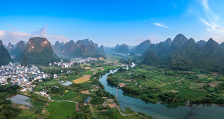 Aerial view of beautiful mountain and river natural landscape in Guilin, China. Guilin is a world...