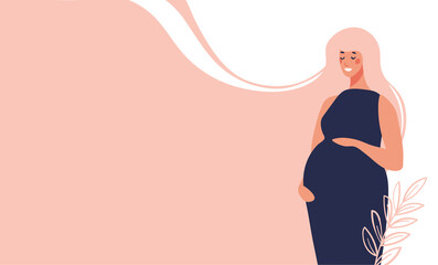 Beautiful modern young pregnant woman on a pink background. Vector concept banner about pregnancy and motherhood. Mom hugs her belly and waits for the baby to be born. - obrazy, fototapety, plakaty
