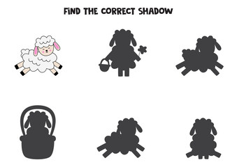 Find the correct shadow of cute Easter lamb. Logical puzzle for kids.