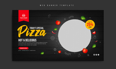 Restaurant food menu social media marketing web banner template design with logo and vegetable icon. Fast food business promotion flyer or website cover. Pizza & burger online sale video thumbnail.   