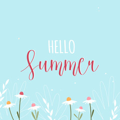 Hello summer. Blue vector banner with summer and spring flowers
