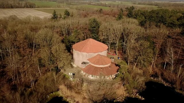 Art Storage, Kunstbunker Paasloo, world war 2, Overijssel, Netherlands, Europe, Aerial, pull back, dolly shot.