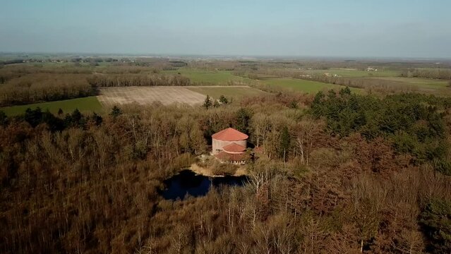 Art Storage, Kunstbunker Paasloo, world war 2, Overijssel, Netherlands, Europe, Aerial, panning shot.