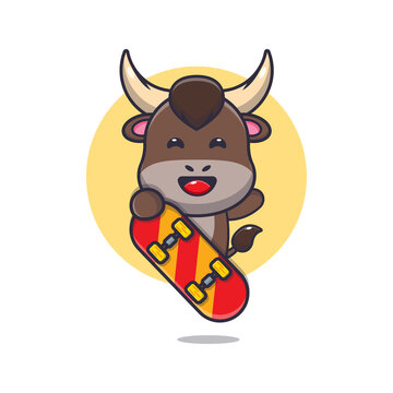 cute bull mascot cartoon character with skateboard