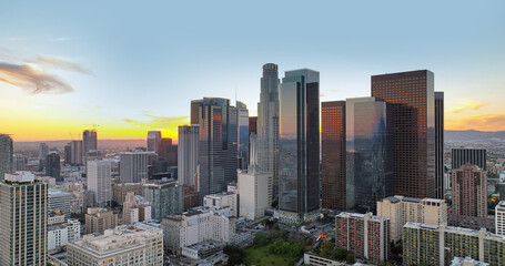 Fototapeta na wymiar Los Angels downtown skyline, panoramic city skyscrapers, business center office building.
