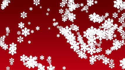 Christmas  Vector Background with Falling Snowflakes. Isolated on Red Background. Realistic Snow Sparkle Pattern. Snowfall Overlay Print. Winter Sky. Papercut Snowflakes.