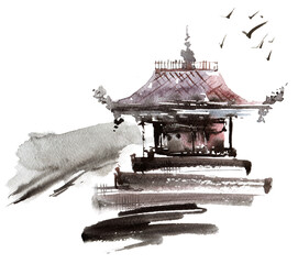 Watercolor sketch of pagoda