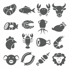 Meat and Seafood Icons set on white background