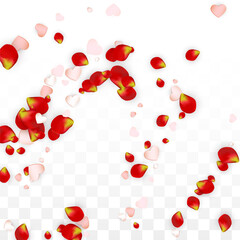 Vector Realistic Petals and Hearts Confetti. Flying Rose and Hearts on Transparent Background. Romantic Love Background.