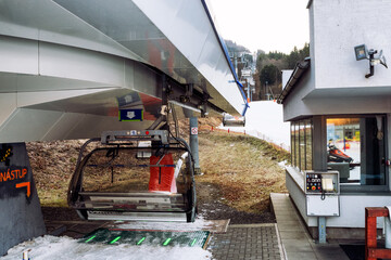 Bottom station of ski-lift chair at Salamandra resort in winter season, Slovakia
