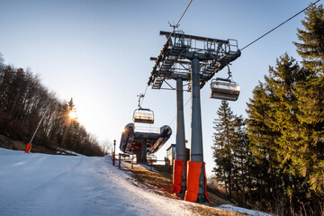 Top station of ski-lift chair at Salamandra resort in winter season, Slovakia