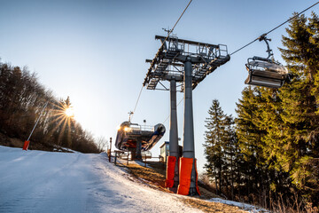 Top station of ski-lift chair at Salamandra resort in winter season, Slovakia