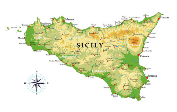 Sicily highly detailed physical map