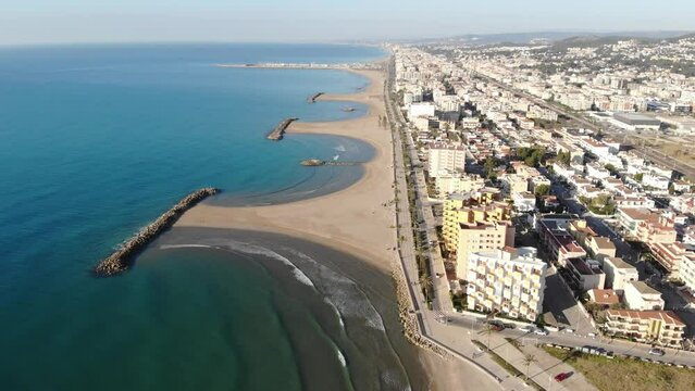 View from drone of Cunit beach and mediterranean sea at Catalonia, Spain