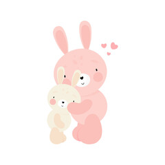 Cute Rabbit with baby. Cartoon style. Vector illustration. For kids stuff, card, posters, banners, children books, printing on the pack, printing on clothes, fabric, wallpaper, textile or dishes.