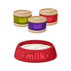 Tin cans of pet food and bowl of milk. Supplies for domestic animals set cartoon vector illustration