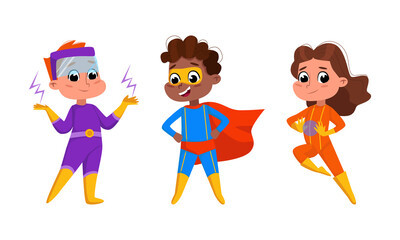 Kids superheroes set. Brave boy and girl wearing colorful comics costumes cartoon vector illustration