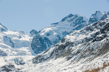 Morteratsch, Morteratschgletscher, Gletscher, Gletscherpfad, Gletscherweg, Seitenmoräne, Piz Bernina, Bellavista, Bernina, Engadin, Alpen, Graubünden, Winter, Winterwanderweg, Langlauf, Schweiz