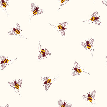 Bees seamless vector pattern. Repeating background with bumblebees on a white beige background. Summer animal backdrop. Use for fabric, wallpaper, wrapping, packaging.