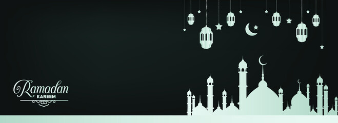 relegius ramadan banner with mosque and laterns vector