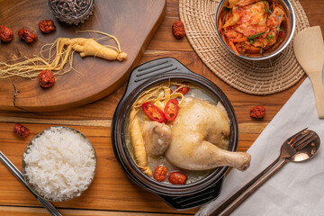 Ginseng chicken soup or Samgyetang, Koreans traditional food chicken stuffed with rice, ginsenga...