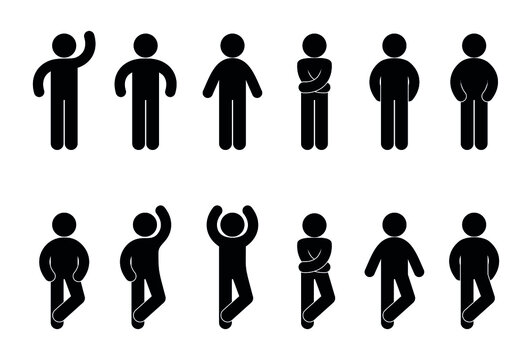 man icon, collection of human silhouettes in various poses, people waving their hands, isolated vector pictograms