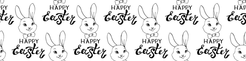 Happy Easter-Vector seamless pattern with inscriptions and simple contour drawings of faces of cute rabbits in doodle style. Holiday backgrounds and textures