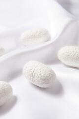 Fototapeta na wymiar close up of the silkworm cocoon on white silk fabric.