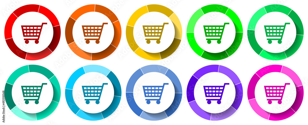 Poster Shop, cart icon set, store flat design vector illustration in 10 colors options for mobile applications and webdesign
