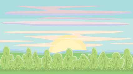 Obraz premium Nature background with trees and sunrise on the horizon, pastel colors, flat vector illustration.