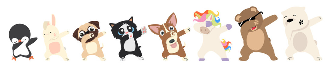 Dabbing animals dancing sign cartoon set