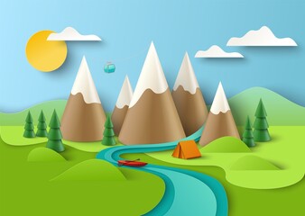 Mountains with cable car, forest, boat, tent on river bank, vector paper cut illustration. Summer camp poster template.