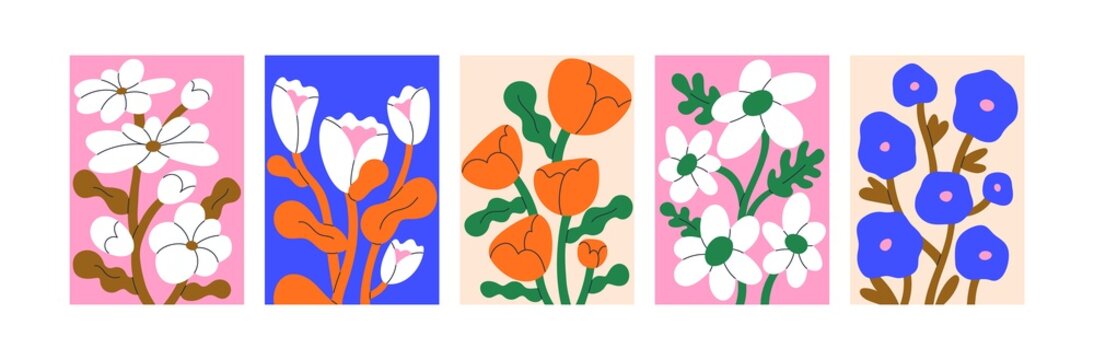Posters with abstract flowers. Matisse-inspired floral paintings set. Trendy contemporary wall art. Vertical placards for interior design and decor. Modern artworks. Colored flat vector illustrations