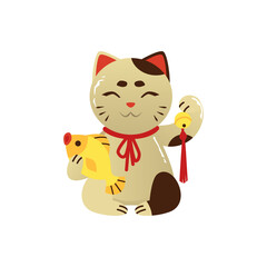 Lucky Maneki neko cat with goldfish and coin, flat vector illustration isolated.