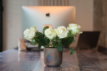 White bouquet, White flowers on a table, wooden desk, work area, work area on the balcony, white flowers for my wife