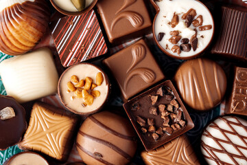 Various chocolate praline candies assortment close up