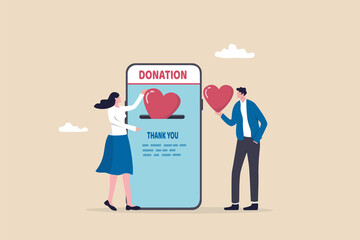 Charity donation, donate online with care to help and support people, giving money or volunteer, mobile social app to help other people concept, man and woman put heart shape into mobile donation app.