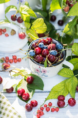 Freshly gathered juicy cherries, raspberries, blueberries, red currants in a white  cup in garden in sunny day close up, berries on a white wooden table background, harvest of berries concept 