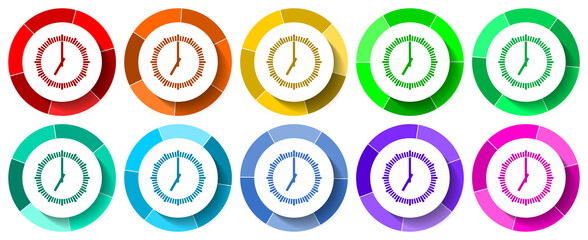 Clock, watch icon set, time flat design vector illustration in 10 colors options for mobile applications and webdesign