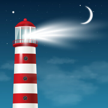 Lighthouse tower emitting light in night sky, realistic vector illustration.