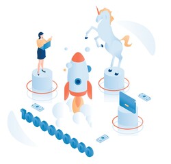 Unicorn company or unicorn startup, successful business venture, vector isometric illustration. © Siberian Art
