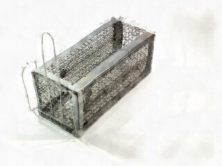 Iron mousetrap on a white background watercolor style illustration impressionist painting.
