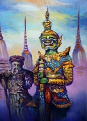 Fototapeta premium hand painted original impressionism art oil painting grand palace bangkok thailand and wat phra keaw , emerald buddha