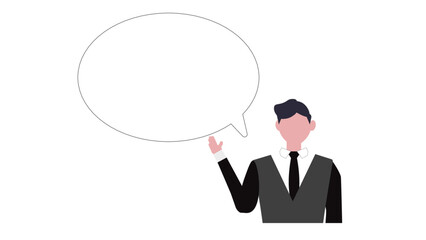 丸い吹き出しと説明する男。 スーツを着たビジネスマン