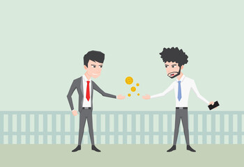 An illustration of two businessman doing transaction with crypto coin