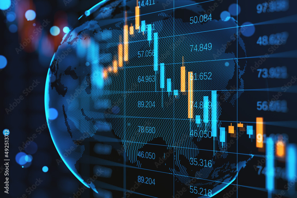 Poster Abstract falling candlestick forex chart and globe on blurry dark index grid background. Finance and crisis concept. 3D Rendering.