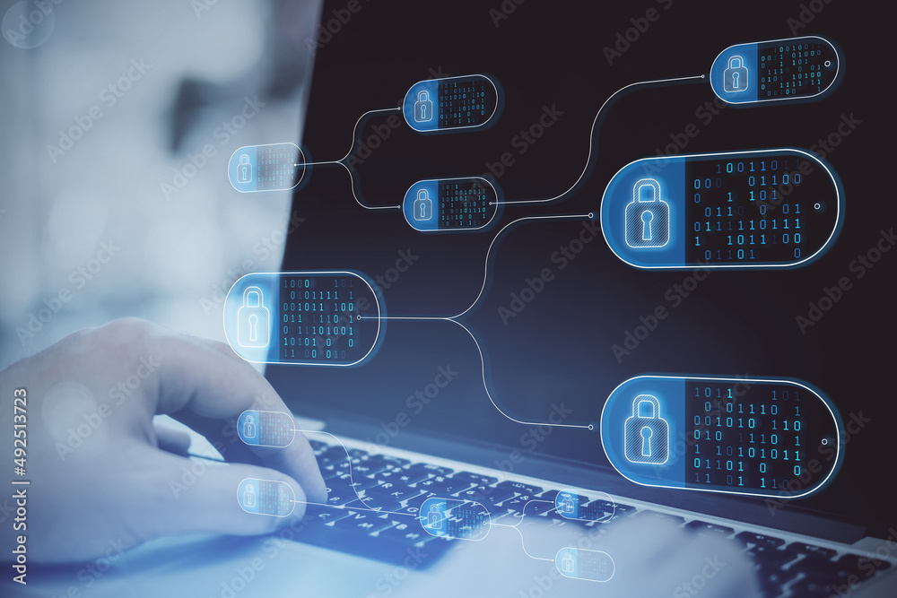 Fototapete Close up of male hands using notebook with abstract big data and security nodes on blurry background. Technology, web safety and programming concept. Double exposure.