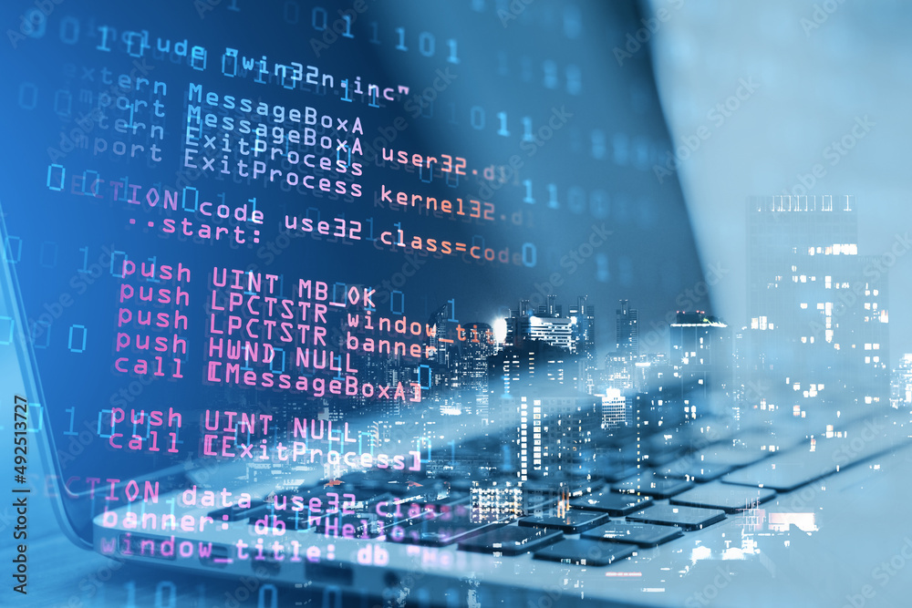 Poster Close up of laptop with abstract html code on creative city background. Coding and programming concept. Double exposure.