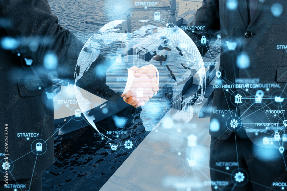 Aufkleber close up of businessmen shaking hands with abstract digital logistics, delivery and transportation h