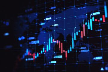 Abstract glowing growing forex chart and map on dark grid background. Trade, finance and economy...